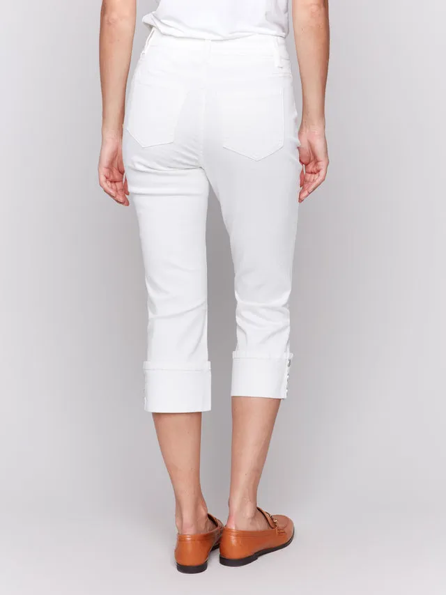 Cropped Twill Jeans with Snap Button Cuff Detail - White