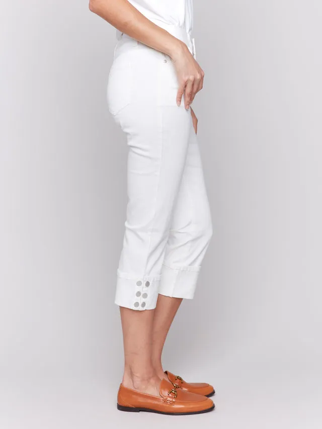 Cropped Twill Jeans with Snap Button Cuff Detail - White