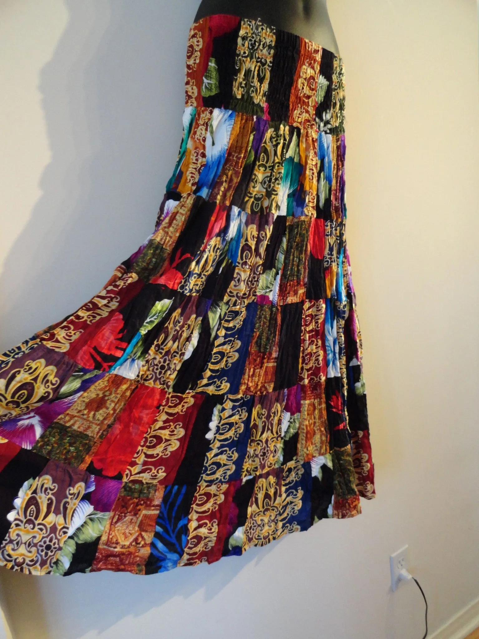 Crushed cotton patchwork skirt. Indian long skirt. Boho, Crinkled skirt. Ethnic, Indian skirt. From Artikrti.
