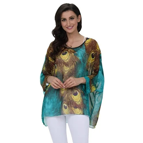 Curvy Size Women's Chiffon Batwing Sleeve Letters Print Summer Tops Blouses