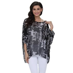Curvy Size Women's Chiffon Batwing Sleeve Letters Print Summer Tops Blouses