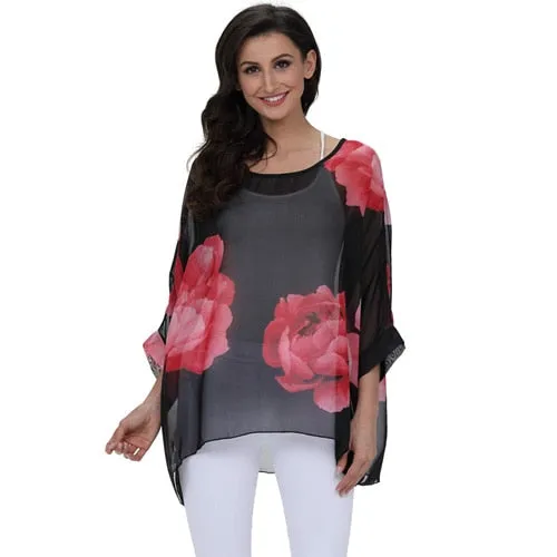 Curvy Size Women's Chiffon Batwing Sleeve Letters Print Summer Tops Blouses