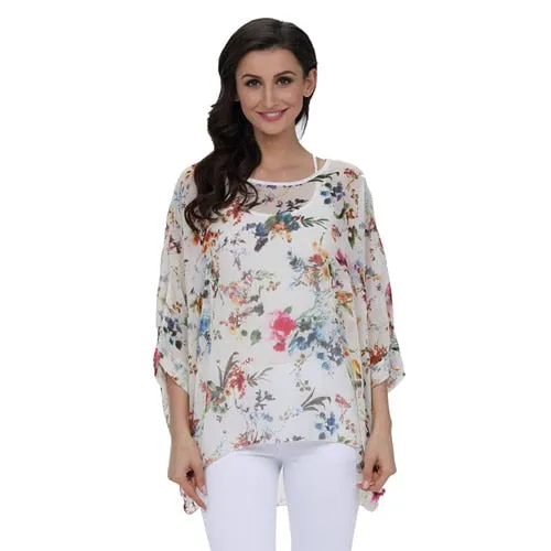 Curvy Size Women's Chiffon Batwing Sleeve Letters Print Summer Tops Blouses