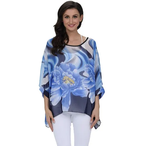 Curvy Size Women's Chiffon Batwing Sleeve Letters Print Summer Tops Blouses