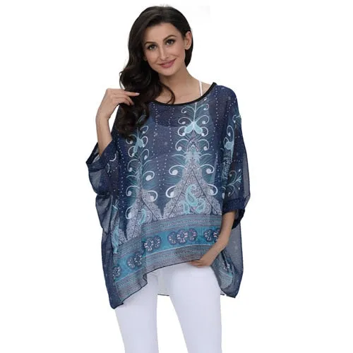 Curvy Size Women's Chiffon Batwing Sleeve Letters Print Summer Tops Blouses