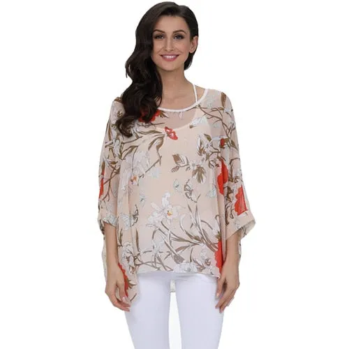 Curvy Size Women's Chiffon Batwing Sleeve Letters Print Summer Tops Blouses