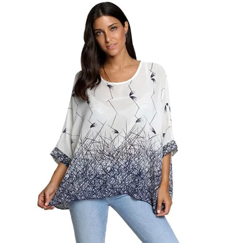 Curvy Size Women's Chiffon Batwing Sleeve Letters Print Summer Tops Blouses