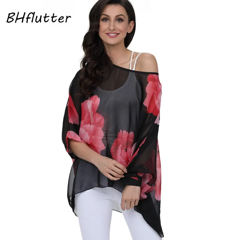 Curvy Size Women's Chiffon Batwing Sleeve Letters Print Summer Tops Blouses