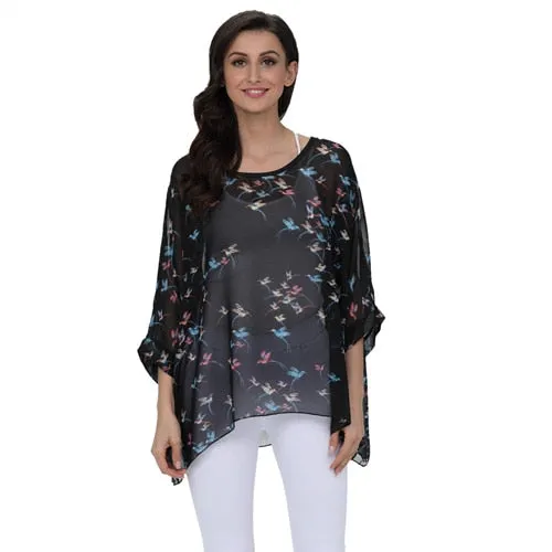 Curvy Size Women's Chiffon Batwing Sleeve Letters Print Summer Tops Blouses