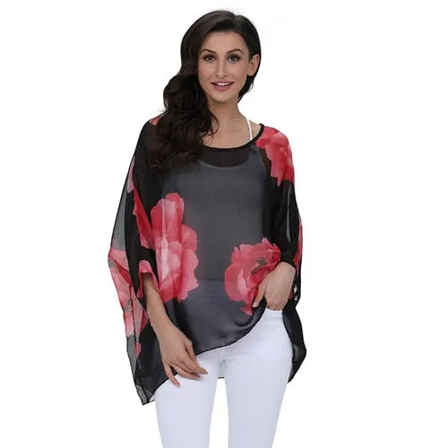 Curvy Size Women's Chiffon Batwing Sleeve Letters Print Summer Tops Blouses