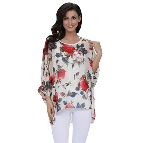Curvy Size Women's Chiffon Batwing Sleeve Letters Print Summer Tops Blouses