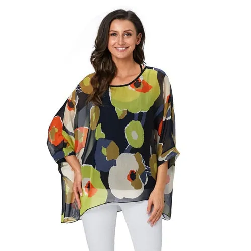Curvy Size Women's Chiffon Batwing Sleeve Letters Print Summer Tops Blouses