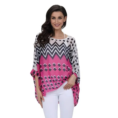 Curvy Size Women's Chiffon Batwing Sleeve Letters Print Summer Tops Blouses