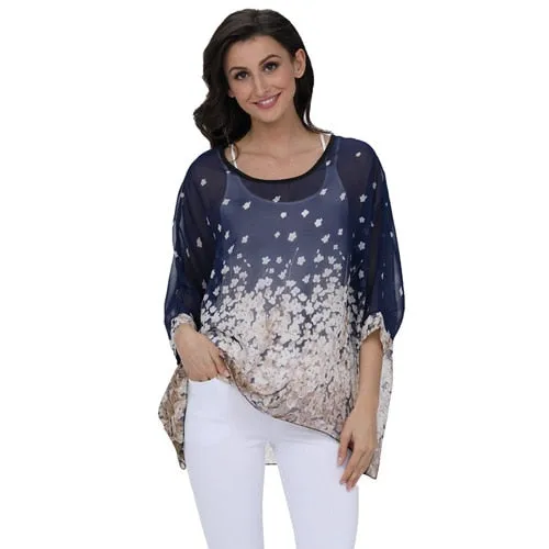 Curvy Size Women's Chiffon Batwing Sleeve Letters Print Summer Tops Blouses