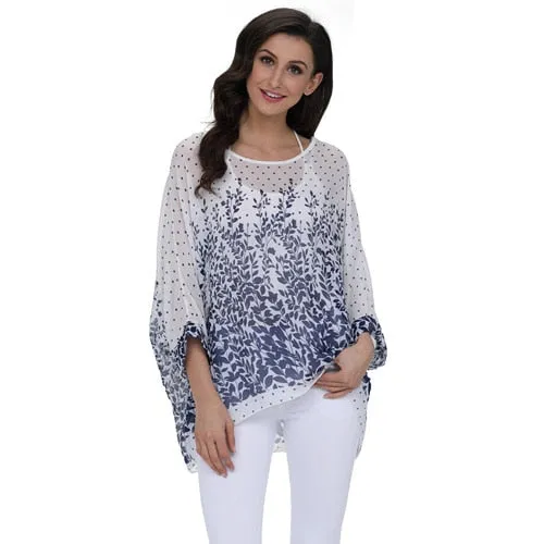 Curvy Size Women's Chiffon Batwing Sleeve Letters Print Summer Tops Blouses