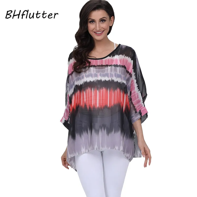 Curvy Size Women's Chiffon Batwing Sleeve Letters Print Summer Tops Blouses