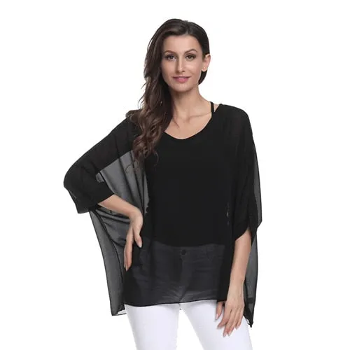 Curvy Size Women's Chiffon Batwing Sleeve Letters Print Summer Tops Blouses