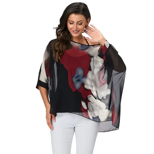 Curvy Size Women's Chiffon Batwing Sleeve Letters Print Summer Tops Blouses