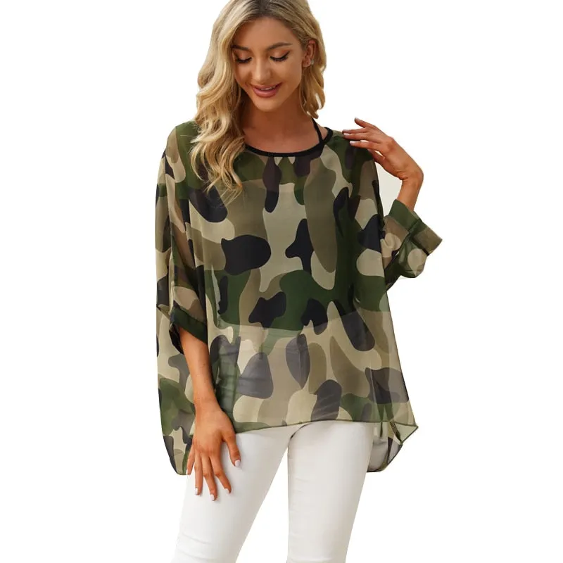Curvy Size Women's Chiffon Batwing Sleeve Letters Print Summer Tops Blouses