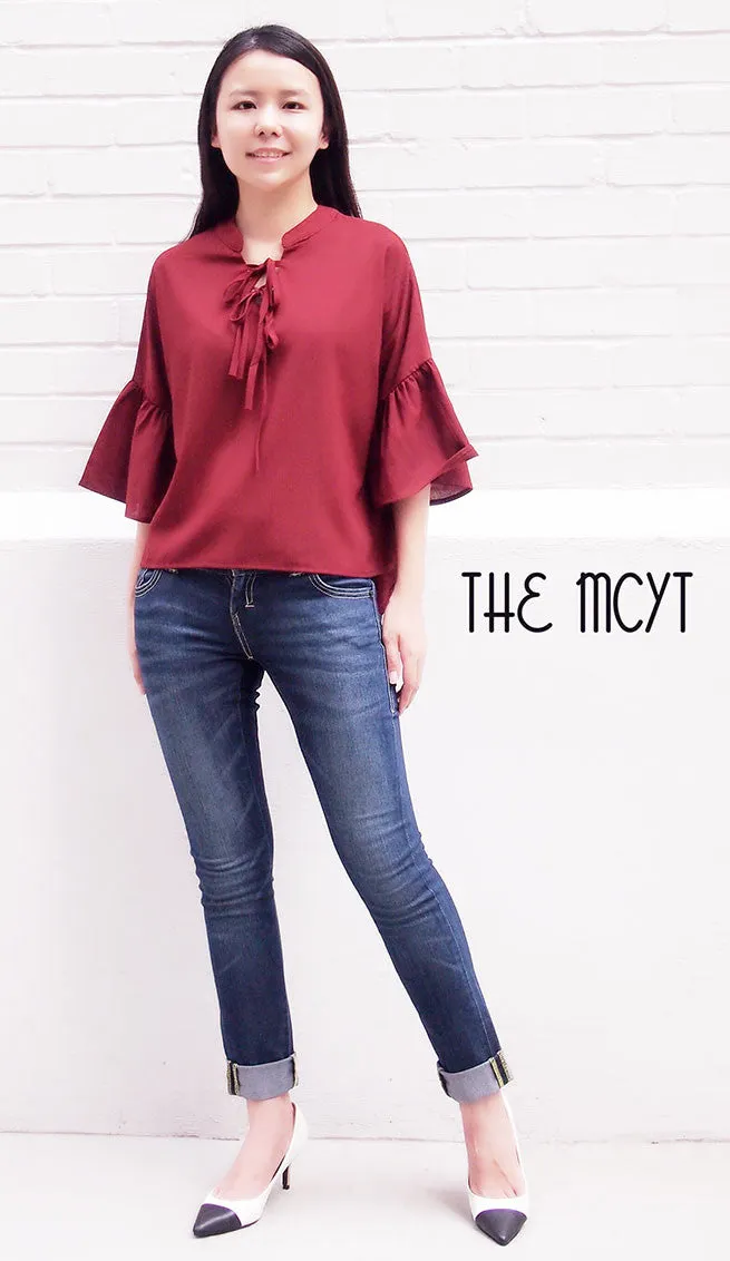 Delilah Three Quarter Flounce Sleeve Chiffon Top (Colours)