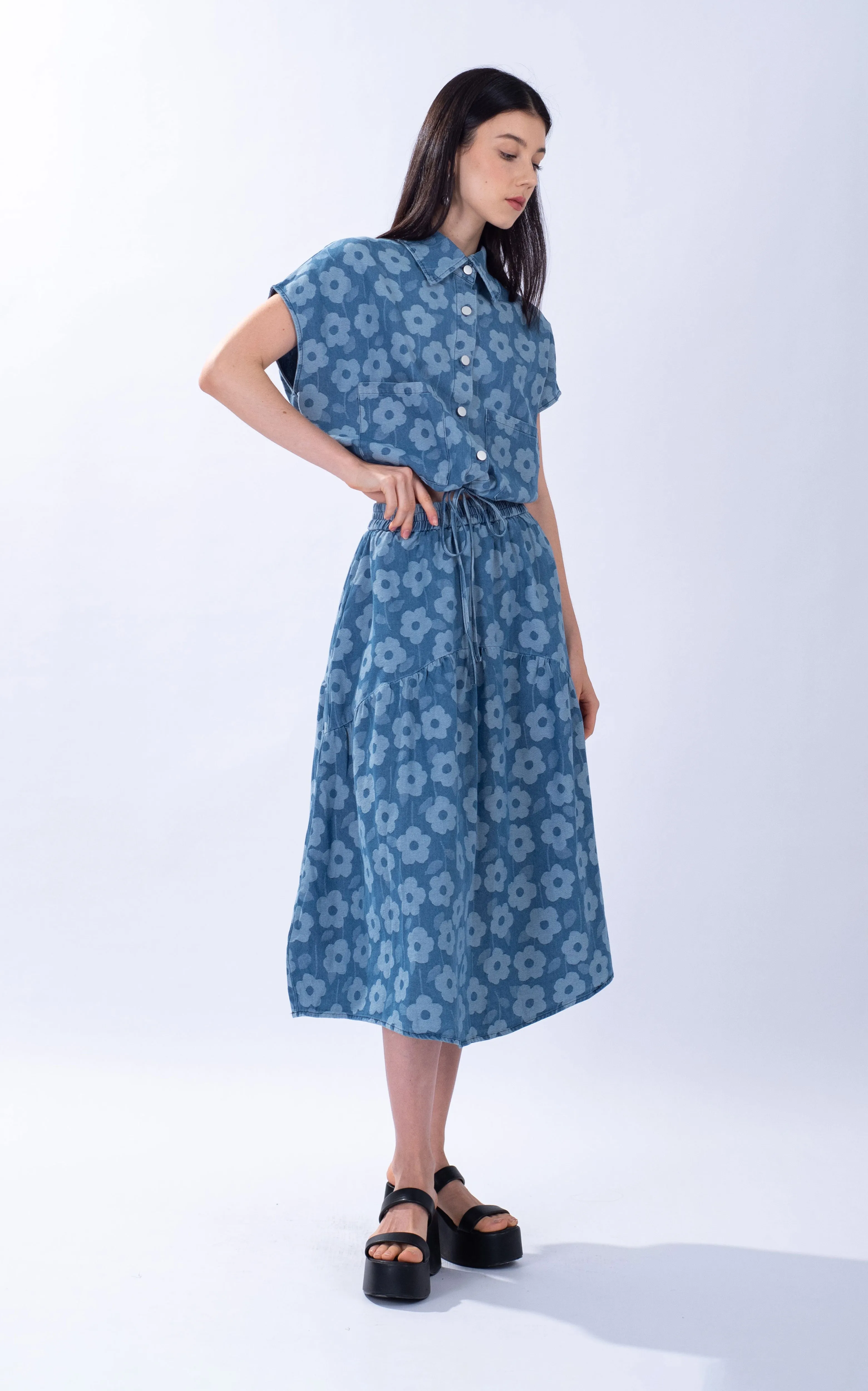Denim Floral Print Yoke Skirt
