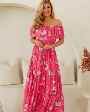 Dreamcatcher Kali Off Shoulder Maxi Dress Pink Floral