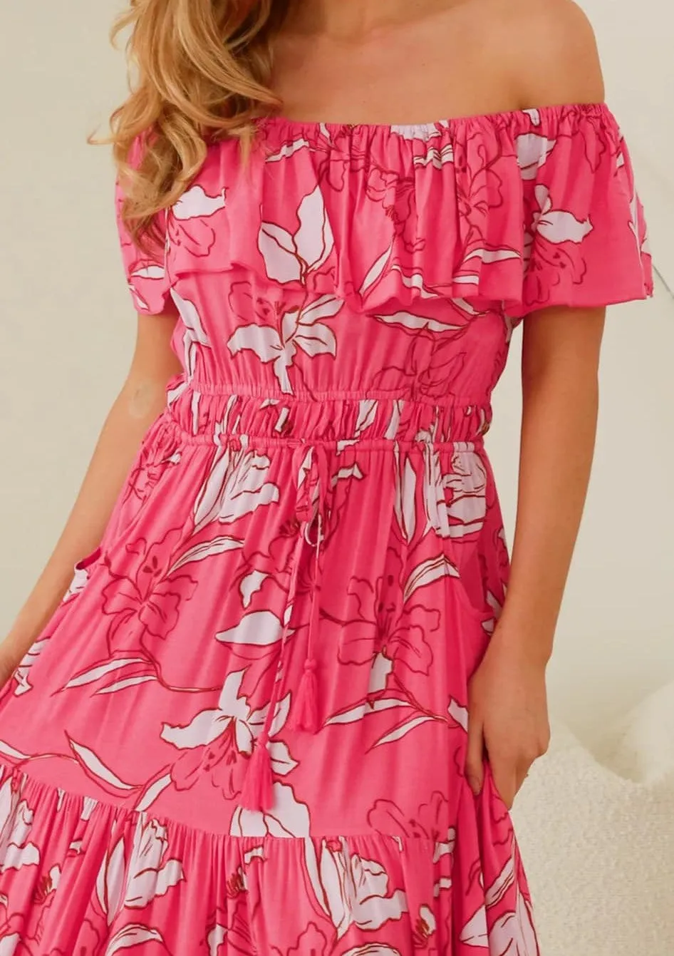 Dreamcatcher Kali Off Shoulder Maxi Dress Pink Floral