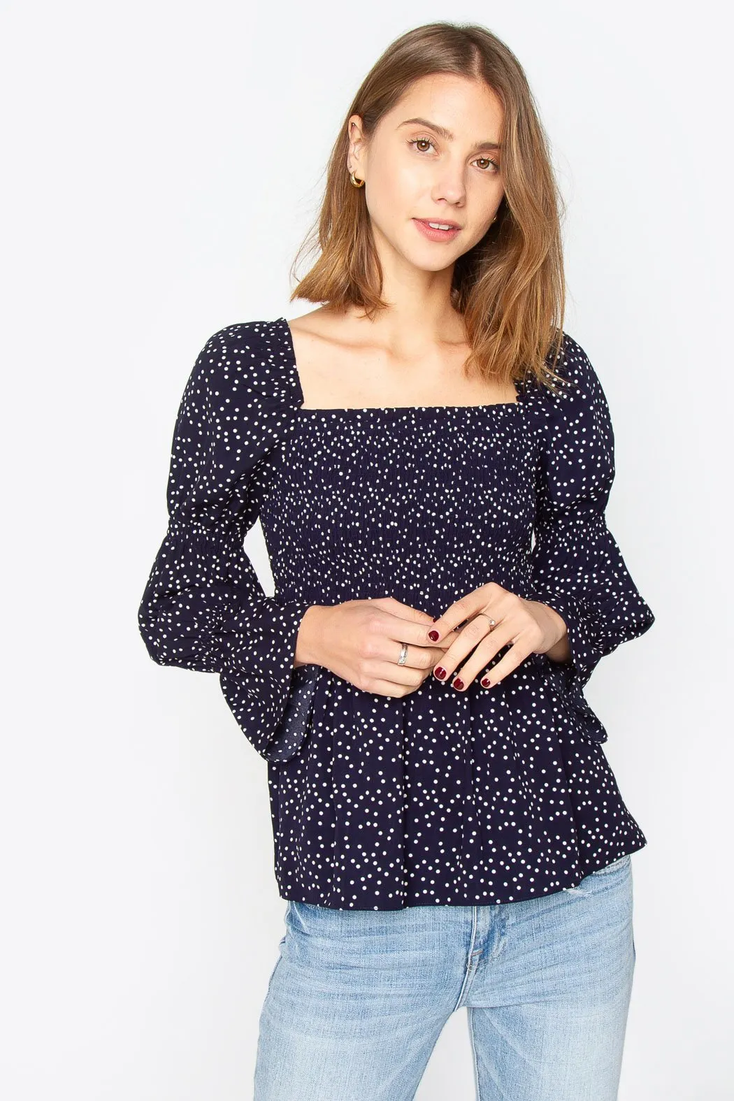 Elisha Polka Dot Smocked Peasant Top