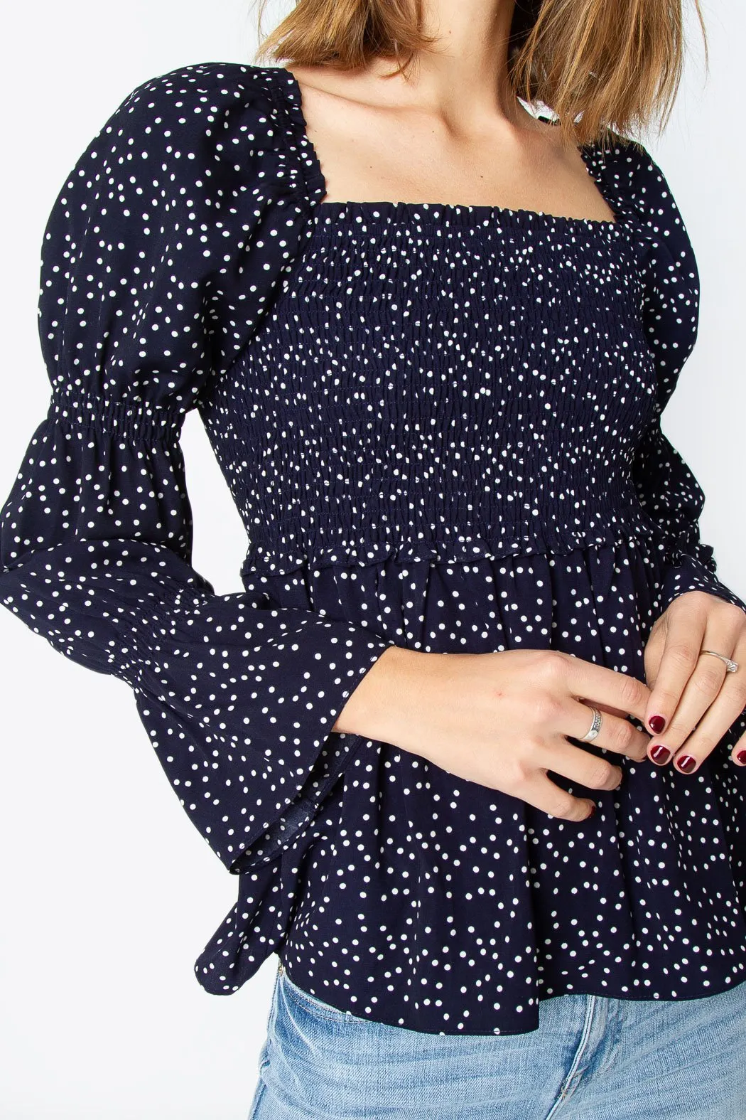 Elisha Polka Dot Smocked Peasant Top