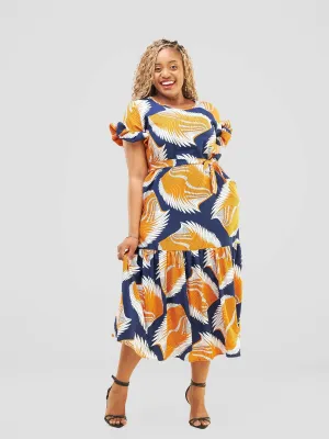 Elora Maxi Dress - Navy Blue / Orange / White