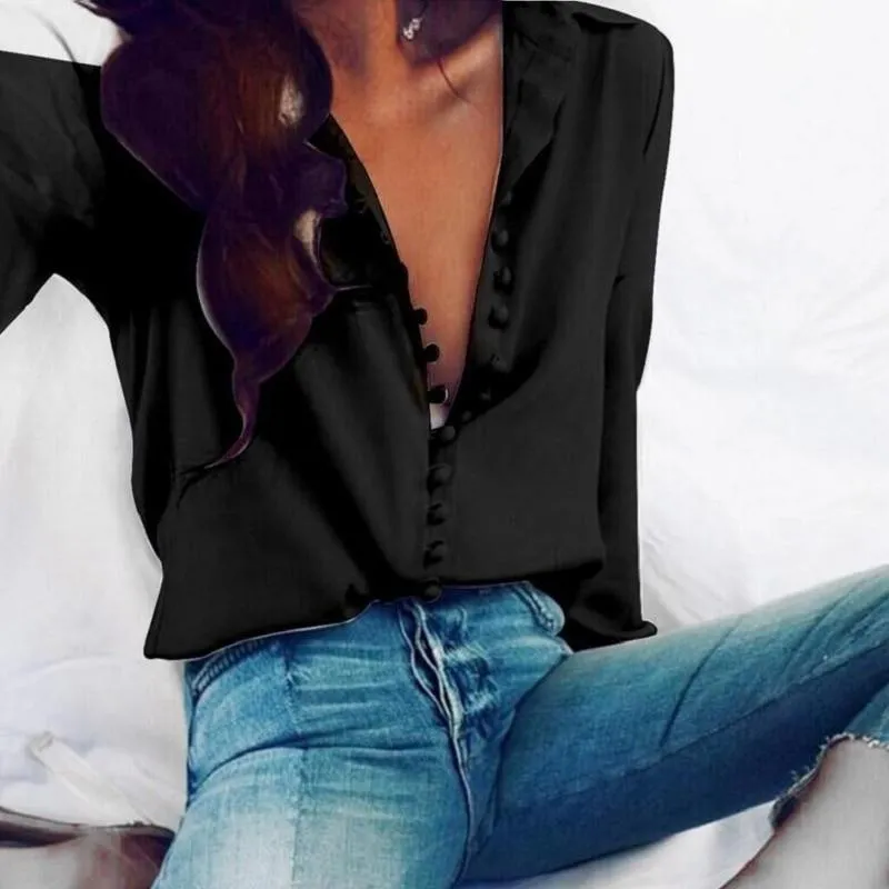 Fashion Casual Solid Color Ladies Office Tops Sexy Buttons Long Sleeve Blouse Spring Women Chiffon Shirt