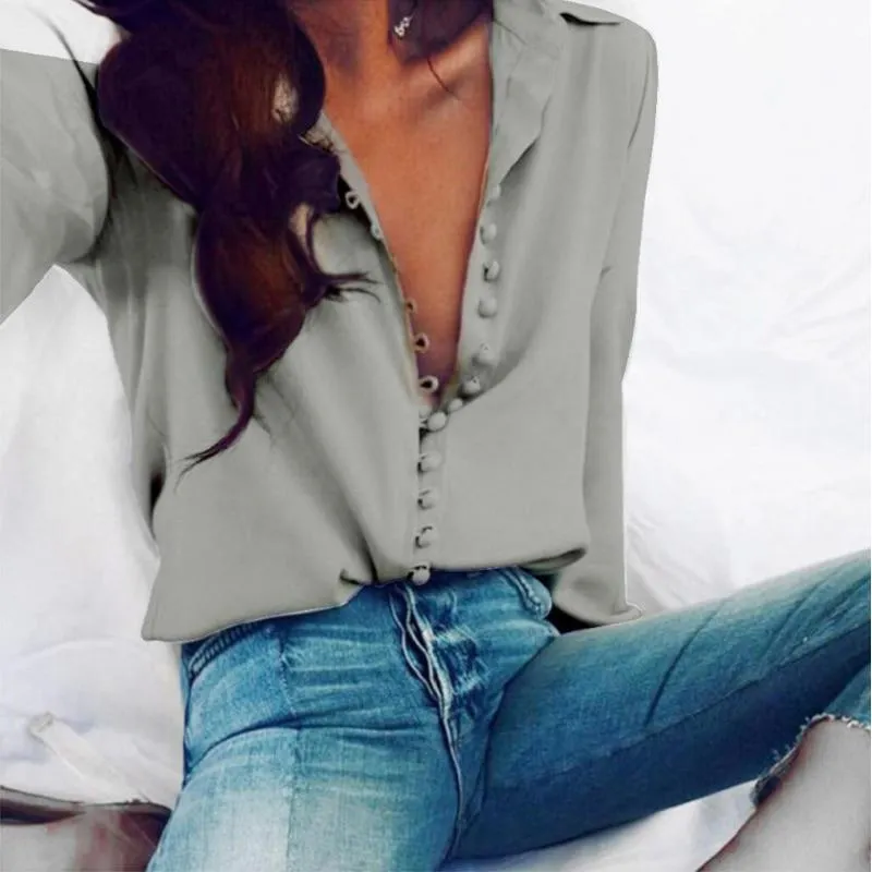 Fashion Casual Solid Color Ladies Office Tops Sexy Buttons Long Sleeve Blouse Spring Women Chiffon Shirt