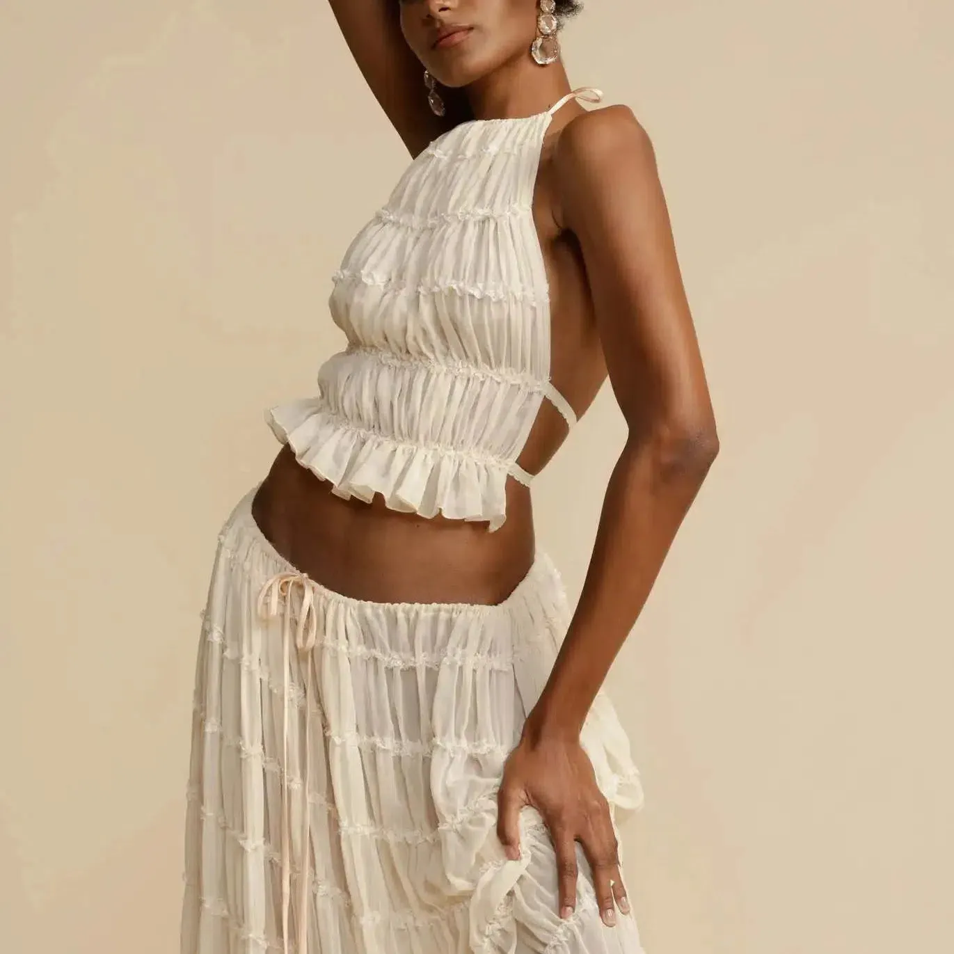 Fashion Halter Neck Long Skirt Suit Women Backless Top Set
