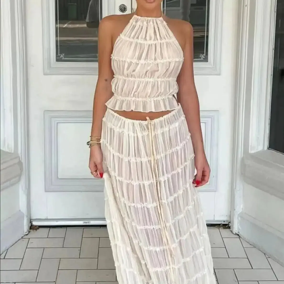 Fashion Halter Neck Long Skirt Suit Women Backless Top Set