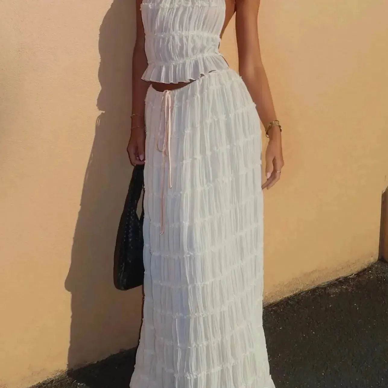 Fashion Halter Neck Long Skirt Suit Women Backless Top Set