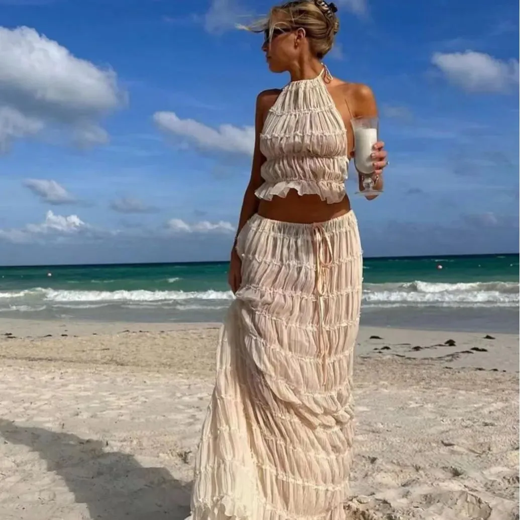 Fashion Halter Neck Long Skirt Suit Women Backless Top Set