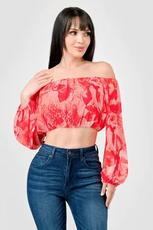 FLORAL CHIFFON PRINT OFF SHOULDER W/ LONG SLV TOP