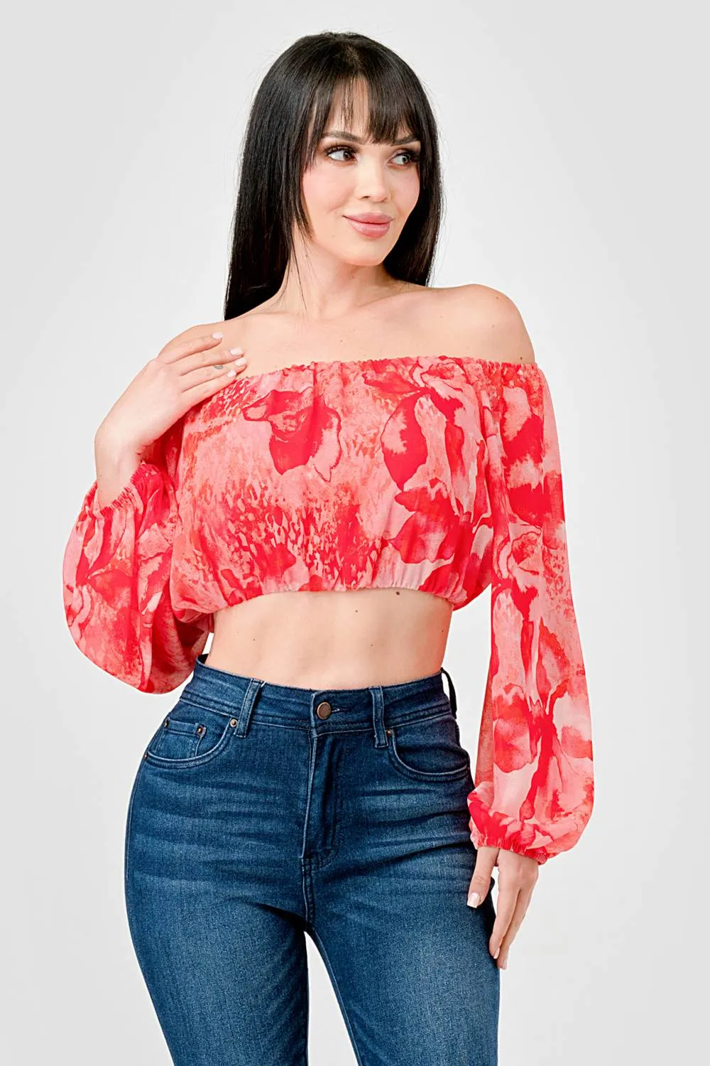 FLORAL CHIFFON PRINT OFF SHOULDER W/ LONG SLV TOP