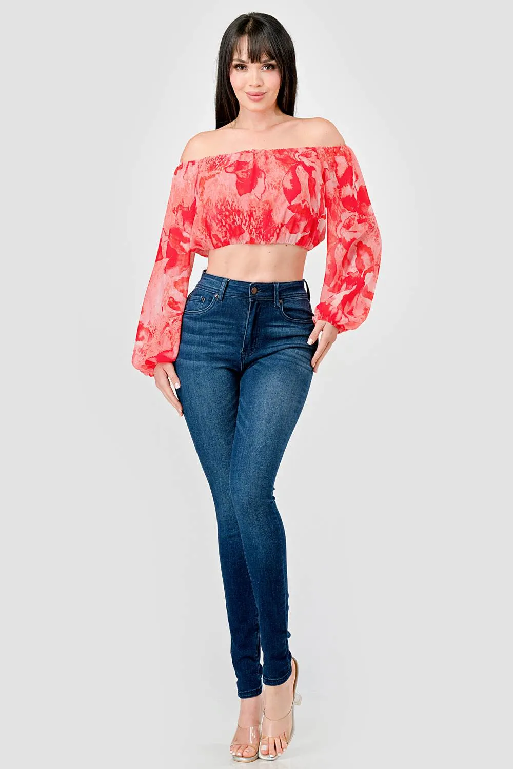 FLORAL CHIFFON PRINT OFF SHOULDER W/ LONG SLV TOP
