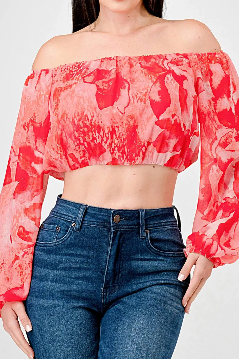 FLORAL CHIFFON PRINT OFF SHOULDER W/ LONG SLV TOP
