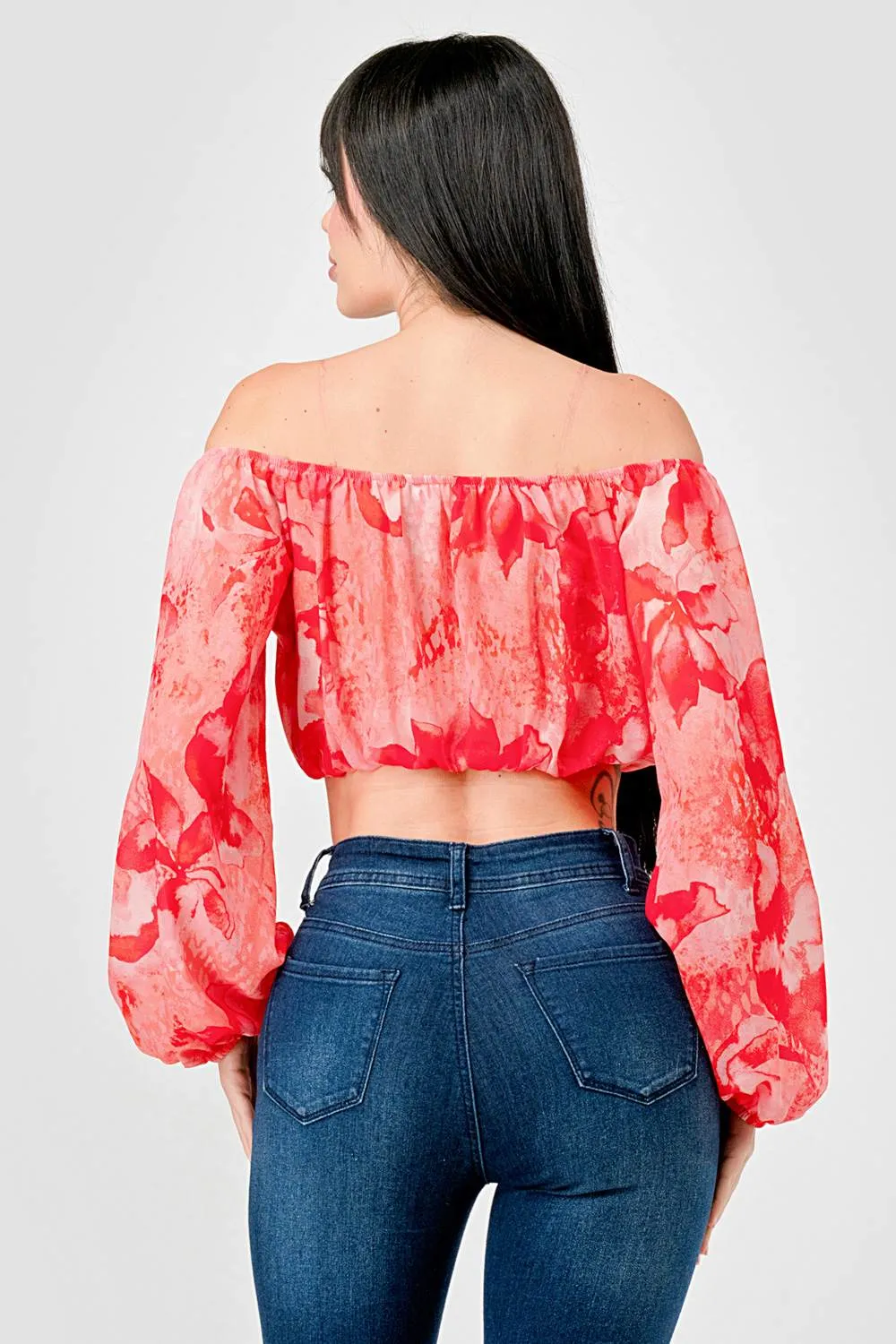 FLORAL CHIFFON PRINT OFF SHOULDER W/ LONG SLV TOP