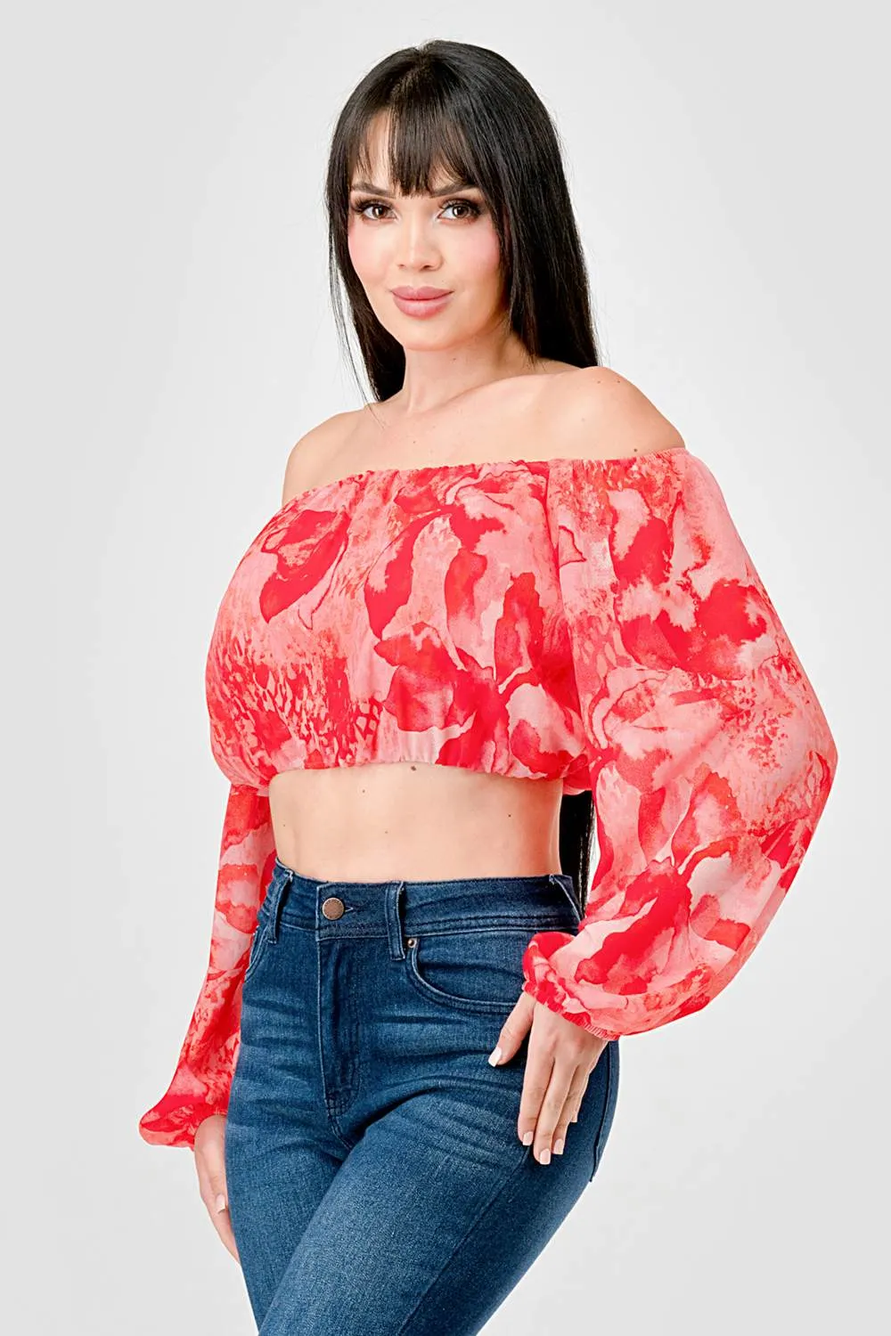 FLORAL CHIFFON PRINT OFF SHOULDER W/ LONG SLV TOP