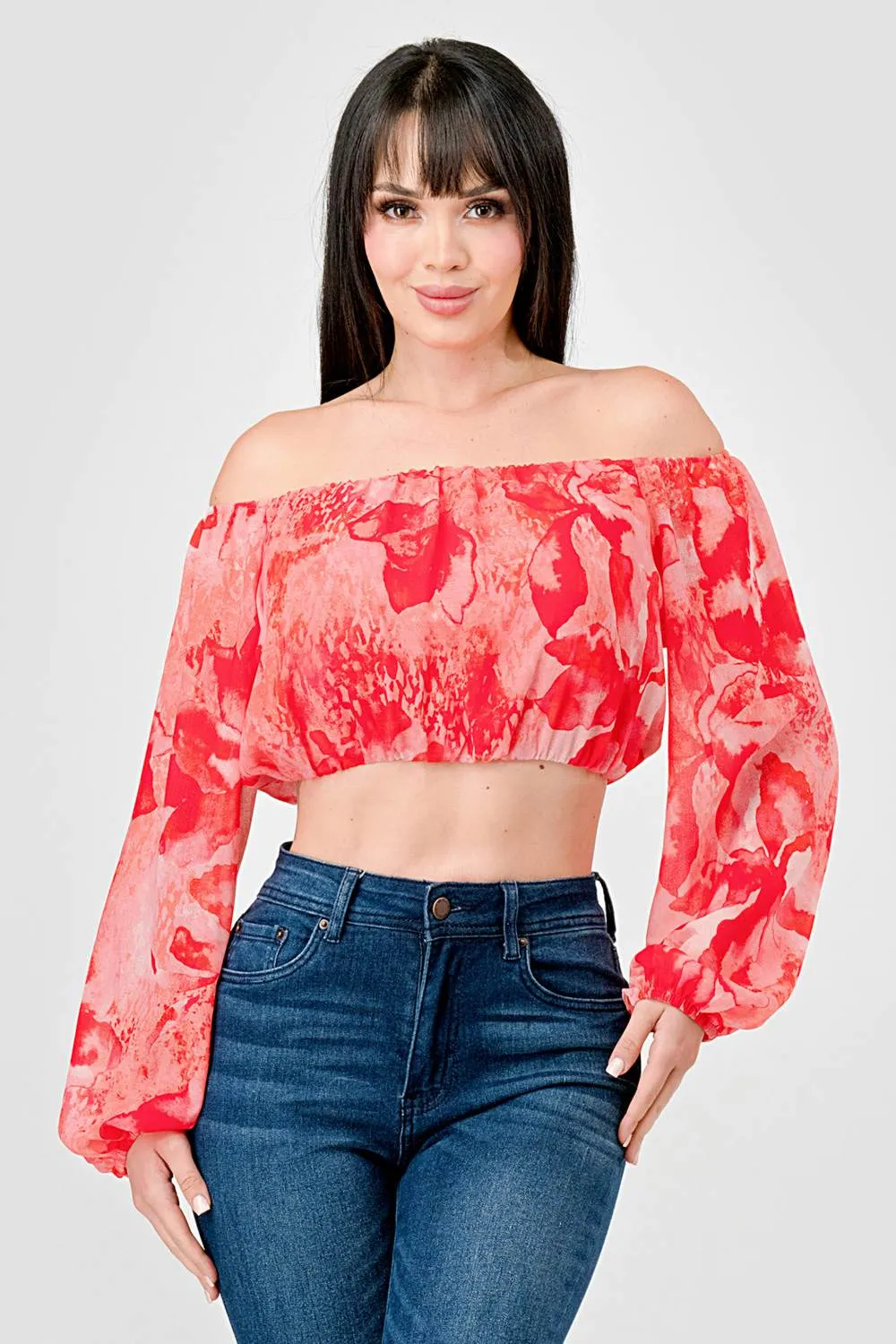 FLORAL CHIFFON PRINT OFF SHOULDER W/ LONG SLV TOP