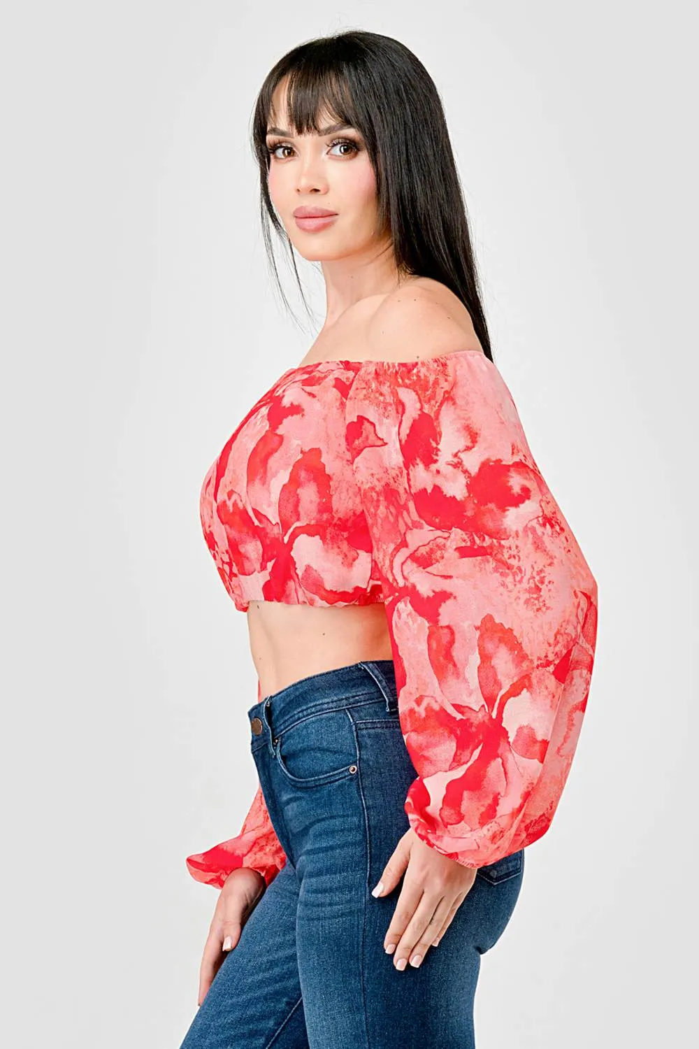 FLORAL CHIFFON PRINT OFF SHOULDER W/ LONG SLV TOP