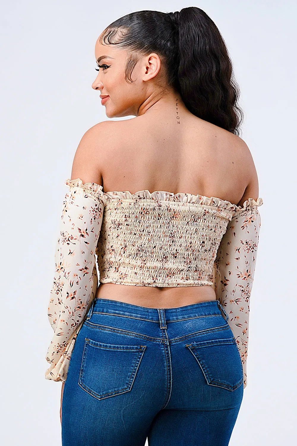 FLORAL CHIFFON SMOCKED OFF SHOULDER CROP TOP