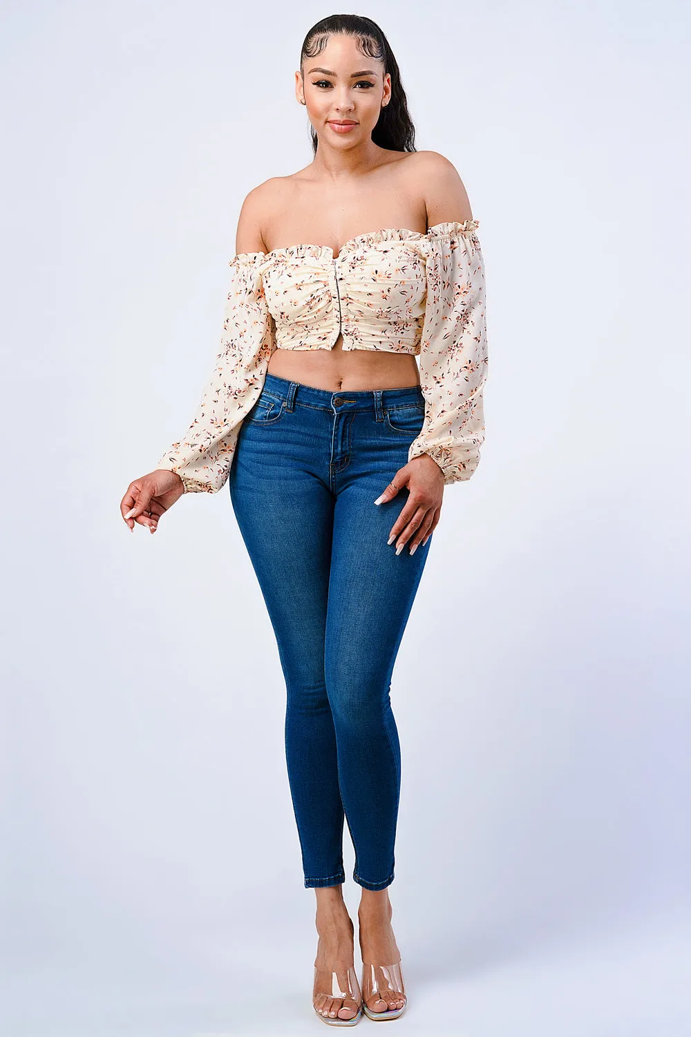FLORAL CHIFFON SMOCKED OFF SHOULDER CROP TOP