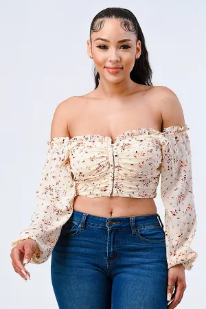 FLORAL CHIFFON SMOCKED OFF SHOULDER CROP TOP