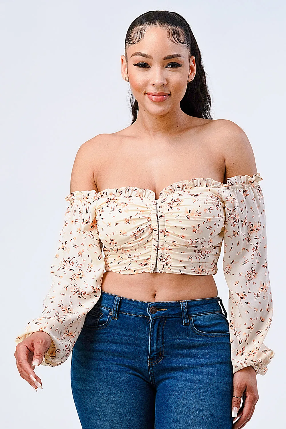 FLORAL CHIFFON SMOCKED OFF SHOULDER CROP TOP