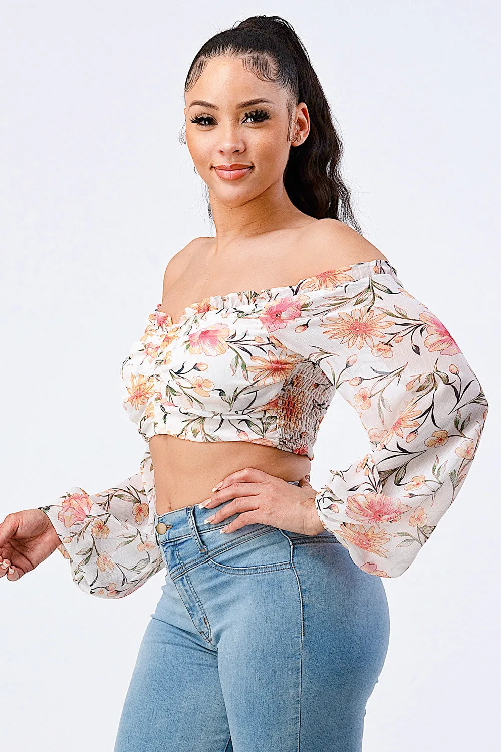 FLORAL CHIFFON SMOCKED OFF SHOULDER SMOCKED CROP TOP