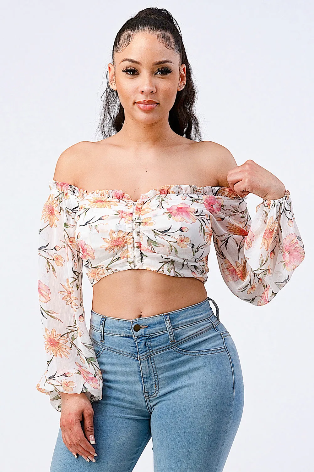 FLORAL CHIFFON SMOCKED OFF SHOULDER SMOCKED CROP TOP